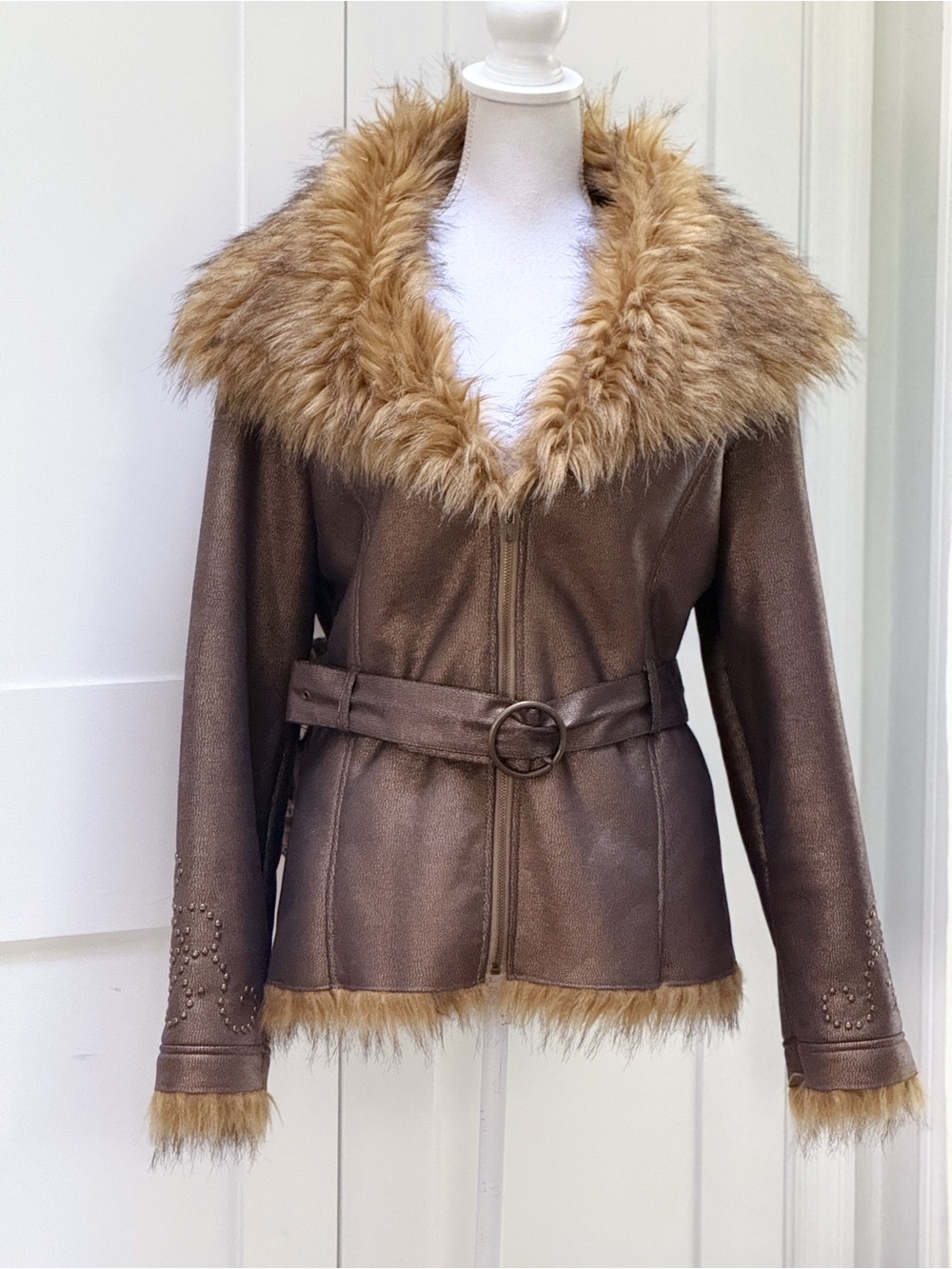 Excelled Y2K Brown Antique Gold Faux Fur Penny Lane Jacket Coat Belted Size L
